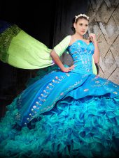 Superior Sweetheart Sleeveless Sweet 16 Dress Brush Train Embroidery and Ruffles Baby Blue Organza