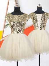Cute Short Sleeves Mini Length Sequins Lace Up Evening Dress with Champagne