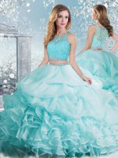 Spectacular Aqua Blue Clasp Handle Quinceanera Dresses Beading and Ruffles and Pick Ups Sleeveless Floor Length