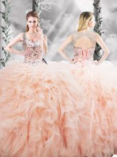 Stunning Straps Sleeveless Tulle Sweet 16 Dresses Beading and Ruffles Lace Up