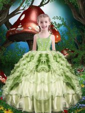 Floor Length Yellow Green Teens Party Dress Organza Short Sleeves Beading and Ruffles and Ruffled Layers