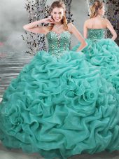 Flirting Turquoise Sweetheart Lace Up Beading and Pick Ups Quince Ball Gowns Brush Train Sleeveless