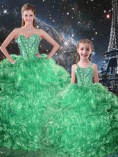 Traditional Beading and Ruffles Sweet 16 Dresses Green Lace Up Sleeveless Floor Length