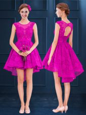 Beautiful Fuchsia Scoop Lace Up Lace and Belt Wedding Guest Dresses Sleeveless