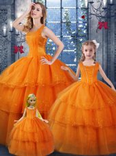 Comfortable Orange Organza Lace Up Quinceanera Dress Sleeveless Floor Length Ruffled Layers