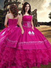 Floor Length Hot Pink Sweet 16 Dress Taffeta Sleeveless Embroidery and Ruffled Layers