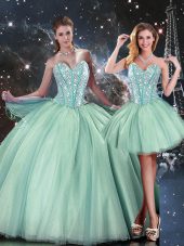 Hot Sale Turquoise Lace Up Sweetheart Beading Quinceanera Gowns Tulle Sleeveless