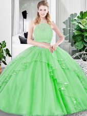Ideal Two Pieces Tulle Scoop Sleeveless Lace and Ruffled Layers Floor Length Zipper Vestidos de Quinceanera