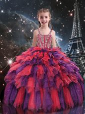 Eye-catching Floor Length Coral Red Girls Pageant Dresses Tulle Sleeveless Beading and Ruffles