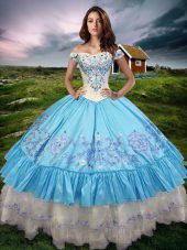 Chic Baby Blue Ball Gowns Beading and Embroidery and Ruffled Layers Quinceanera Gowns Lace Up Taffeta Sleeveless Floor Length