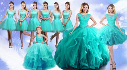 Smart Tulle Scoop Sleeveless Lace Up Beading and Lace Sweet 16 Dresses in Turquoise