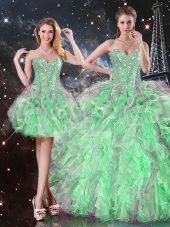 Floor Length Apple Green Sweet 16 Dresses Organza Sleeveless Beading and Ruffles