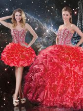 Smart Sleeveless Floor Length Beading and Ruffles Lace Up Ball Gown Prom Dress with Coral Red