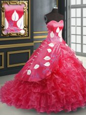 Coral Red Lace Up Quinceanera Dresses Embroidery and Ruffled Layers Sleeveless Brush Train