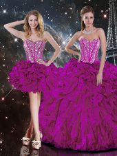 Unique Fuchsia Ball Gown Prom Dress Military Ball and Sweet 16 and Quinceanera with Beading and Ruffles Sweetheart Sleeveless Lace Up