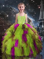 Yellow Green Tulle Lace Up Casual Dresses Sleeveless Floor Length Beading and Ruffles