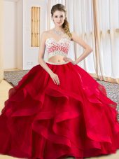 Traditional One Shoulder Sleeveless Criss Cross 15 Quinceanera Dress Red Tulle
