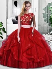 Floor Length Zipper Quinceanera Gown Wine Red for Military Ball and Sweet 16 and Quinceanera with Lace and Ruffles