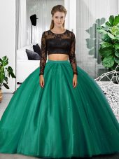Pretty Dark Green Long Sleeves Lace and Ruching Floor Length Sweet 16 Dresses