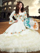 Fabulous White Lace Up Square Embroidery and Ruffled Layers Quinceanera Gown Organza Long Sleeves