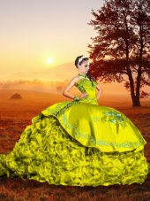 Sleeveless Embroidery and Ruffles Lace Up Sweet 16 Dress with Yellow Green Brush Train