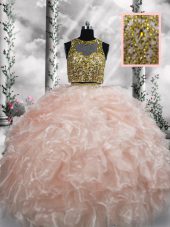 Adorable Peach Sleeveless Beading and Ruffles Floor Length Quinceanera Dress