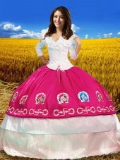 Beautiful Hot Pink 3 4 Length Sleeve Embroidery Floor Length 15 Quinceanera Dress