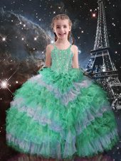 Adorable Straps Sleeveless Juniors Party Dress Floor Length Beading and Ruffled Layers Apple Green Organza