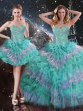 Discount Multi-color Ball Gowns Organza Sweetheart Sleeveless Beading and Ruffled Layers Floor Length Lace Up Quinceanera Gown