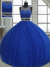 Customized Floor Length Clasp Handle Vestidos de Quinceanera Royal Blue for Military Ball and Sweet 16 and Quinceanera with Beading and Sequins