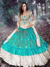 Discount Floor Length Ball Gowns Sleeveless Blue And White 15th Birthday Dress Lace Up