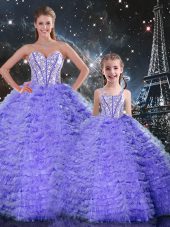 Fitting Lavender Sweet 16 Quinceanera Dress Military Ball and Sweet 16 and Quinceanera with Beading and Ruffles Sweetheart Sleeveless Lace Up