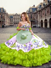 Smart Yellow Green Sleeveless Floor Length Embroidery and Ruffled Layers Lace Up Ball Gown Prom Dress