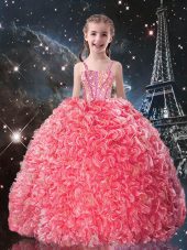 Coral Red Organza Lace Up Straps Sleeveless Floor Length Pageant Gowns For Girls Beading and Ruffles