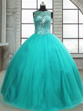 New Style Ball Gowns 15 Quinceanera Dress Turquoise Scoop Tulle Sleeveless Floor Length Lace Up