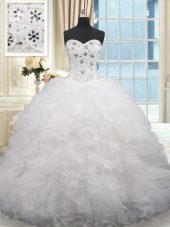 White Lace Up Vestidos de Quinceanera Beading and Ruffles Sleeveless Brush Train