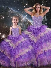 Cute Multi-color Lace Up Sweetheart Beading and Ruffled Layers and Sequins Ball Gown Prom Dress Organza Sleeveless