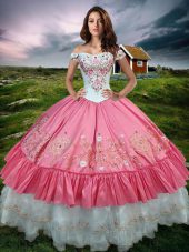 Amazing Taffeta Off The Shoulder Sleeveless Lace Up Beading and Embroidery and Ruffled Layers Vestidos de Quinceanera in Hot Pink
