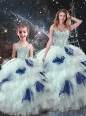 Exquisite Floor Length Blue And White 15th Birthday Dress Sweetheart Sleeveless Lace Up