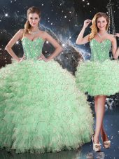 Apple Green Ball Gowns Organza Sweetheart Sleeveless Beading and Ruffles Floor Length Lace Up 15th Birthday Dress