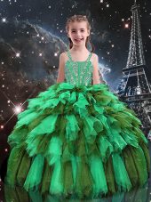 Amazing Apple Green Tulle Lace Up Kids Formal Wear Sleeveless Floor Length Beading and Ruffles