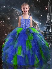 Simple Ball Gowns Pageant Gowns For Girls Blue Straps Tulle Sleeveless Floor Length Lace Up