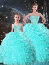 Beading and Ruffles 15th Birthday Dress Turquoise Lace Up Sleeveless Floor Length