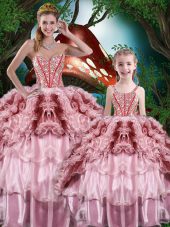 Sweetheart Sleeveless Organza Ball Gown Prom Dress Beading and Ruffles and Ruffled Layers Lace Up