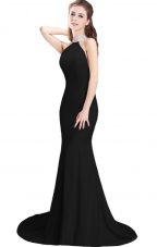 Beauteous Elastic Woven Satin Halter Top Sleeveless Brush Train Side Zipper Beading Prom Dresses in Black