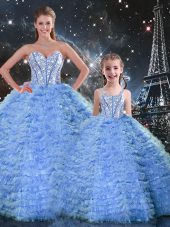 Hot Selling Sleeveless Tulle Floor Length Lace Up Quinceanera Dresses in Blue with Beading and Ruffles
