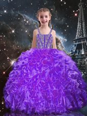 Floor Length Eggplant Purple Little Girl Pageant Dress Organza Sleeveless Beading and Ruffles