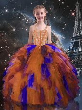 Orange Red Straps Lace Up Beading and Ruffles Party Dress for Toddlers Sleeveless