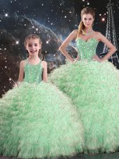 Sleeveless Organza Floor Length Lace Up Quinceanera Gown in Apple Green with Beading and Ruffles
