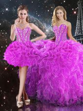 Best Fuchsia Lace Up Sweetheart Beading and Ruffles Vestidos de Quinceanera Organza Sleeveless